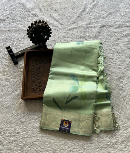 Chiniya Silk Saree Aqua Green Colored Elegantly Paired with a Zari Border. - Sampradaya Designer Studio