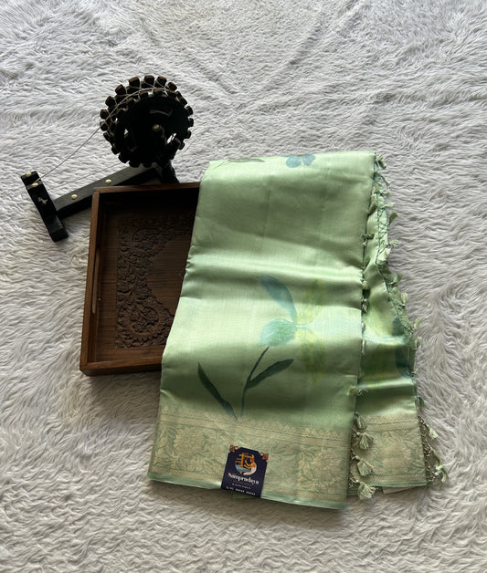 Chiniya Silk Saree Aqua Green Colored Elegantly Paired with a Zari Border. - Sampradaya Designer Studio