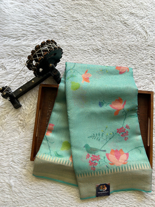 Maheshwari Chanderi Cotton Checks Saree Sky Blue Colored Complemented with a Digital Print And Gold Zari Border. - Sampradaya Designer Studio