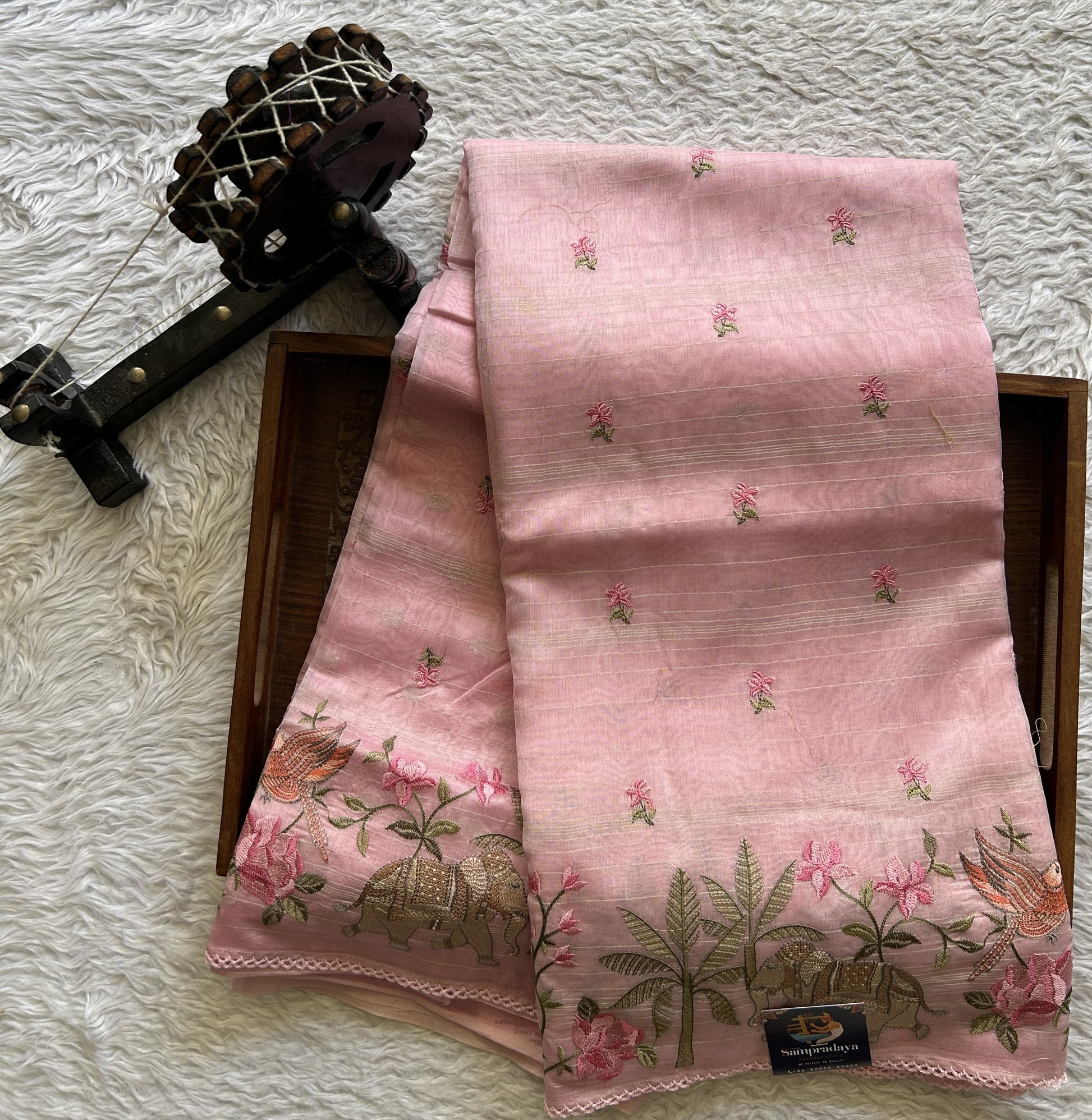 Maheshwari Chanderi Cotton Gold Zari Lines Saree Baby Pink  Colored Complemented with a Machine Embroidered Border. - Sampradaya Designer Studio