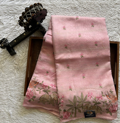 Maheshwari Chanderi Cotton Gold Zari Lines Saree Baby Pink  Colored Complemented with a Machine Embroidered Border. - Sampradaya Designer Studio