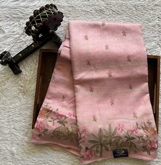 Maheshwari Chanderi Cotton Gold Zari Lines Saree Baby Pink  Colored Complemented with a Machine Embroidered Border. - Sampradaya Designer Studio