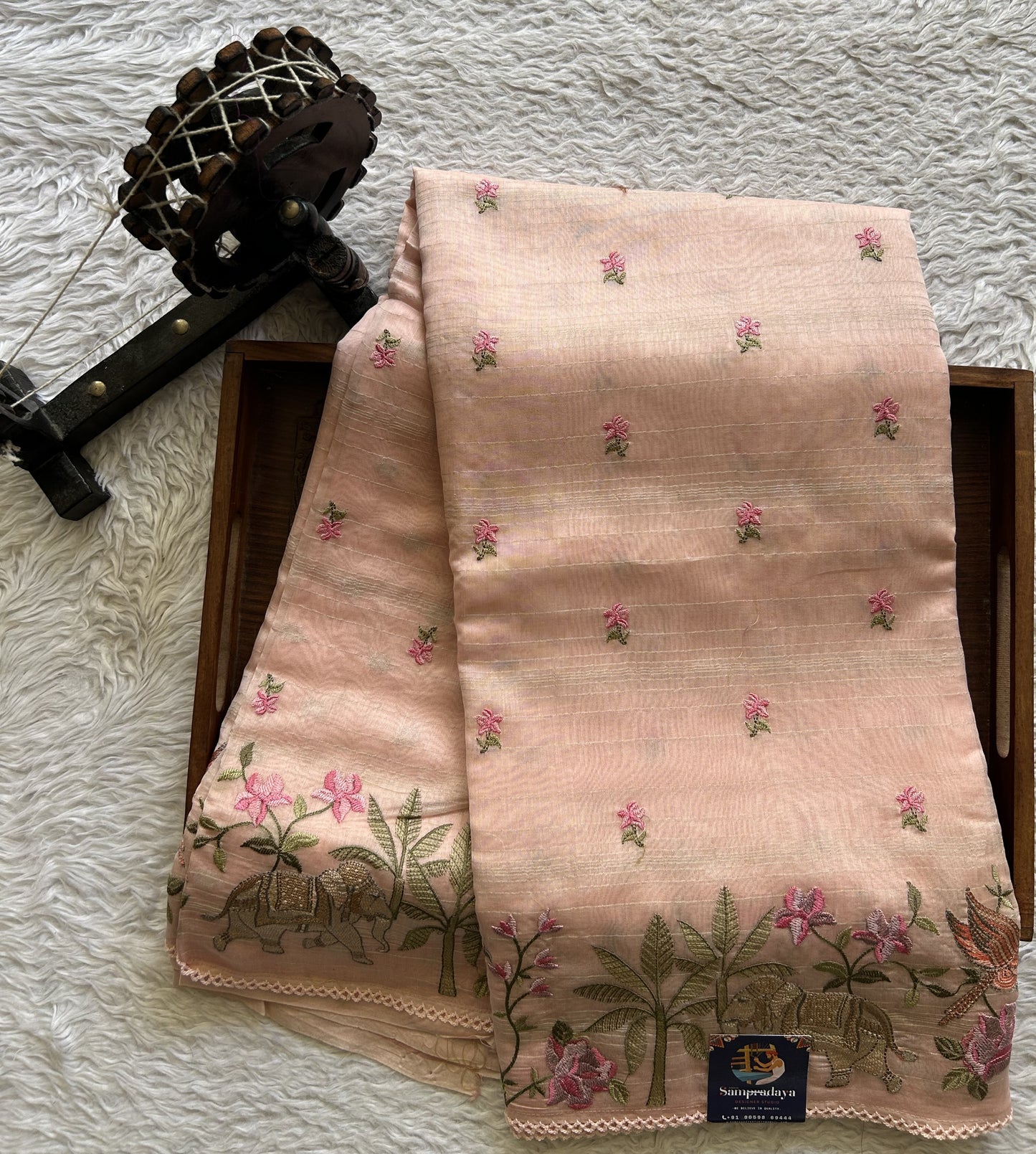 Maheshwari Chanderi Cotton Gold Zari Lines Saree Light Peach  Colored Complemented with a Machine Embroidered Border. - Sampradaya Designer Studio