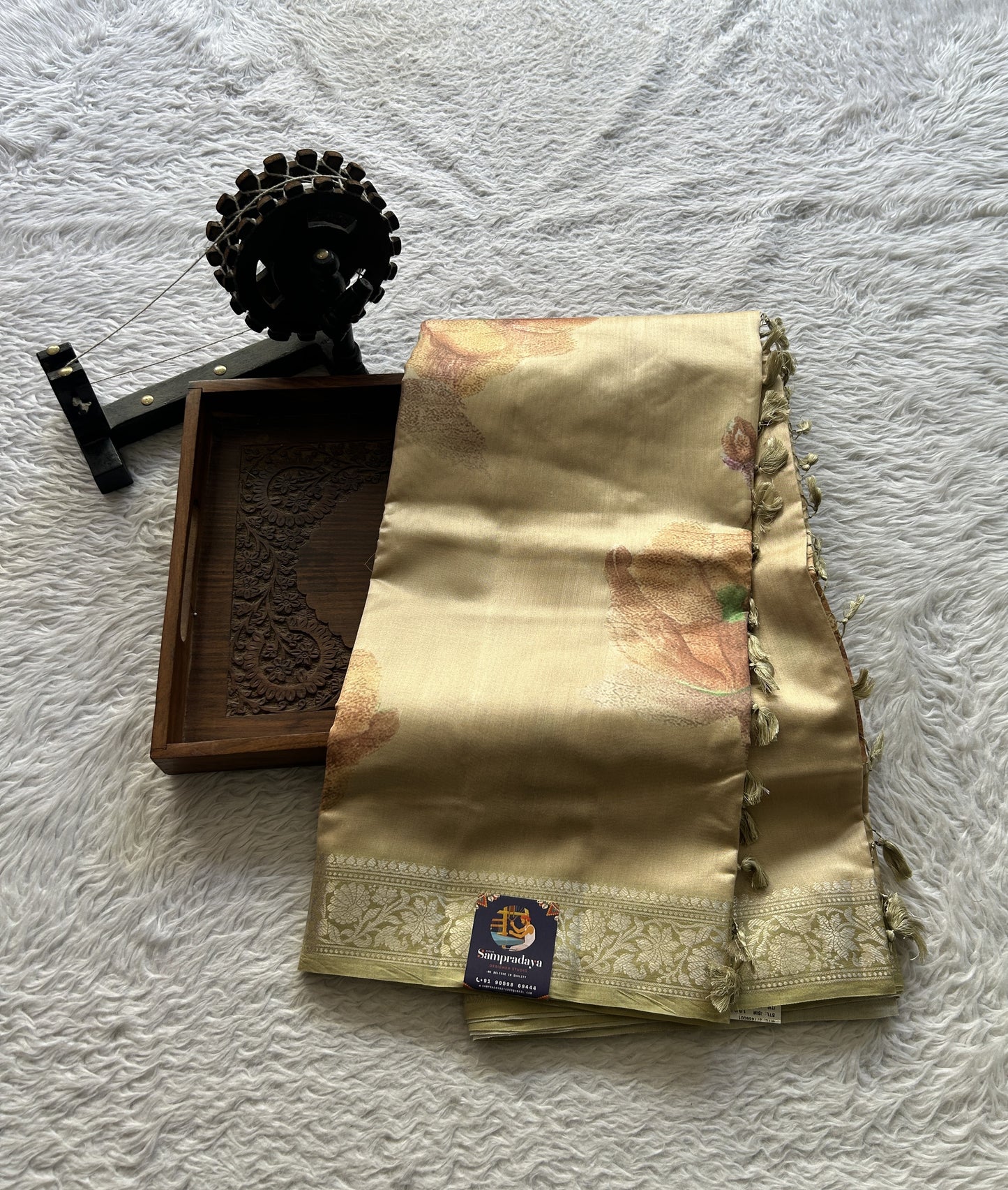 Chiniya Silk Saree Beige Colored Elegantly Paired with a Zari Border. - Sampradaya Designer Studio