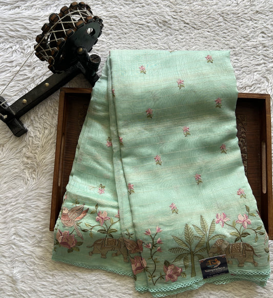 Maheshwari Chanderi Cotton Gold  Zari Lines Saree Light Blue Colored Complemented with a Machine Embroidered Border. - Sampradaya Designer Studio