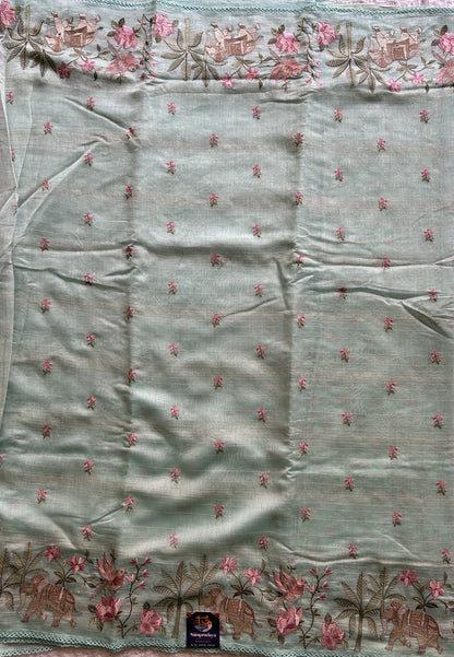 Maheshwari Chanderi Cotton Gold  Zari Lines Saree Light Blue Colored Complemented with a Machine Embroidered Border. - Sampradaya Designer Studio