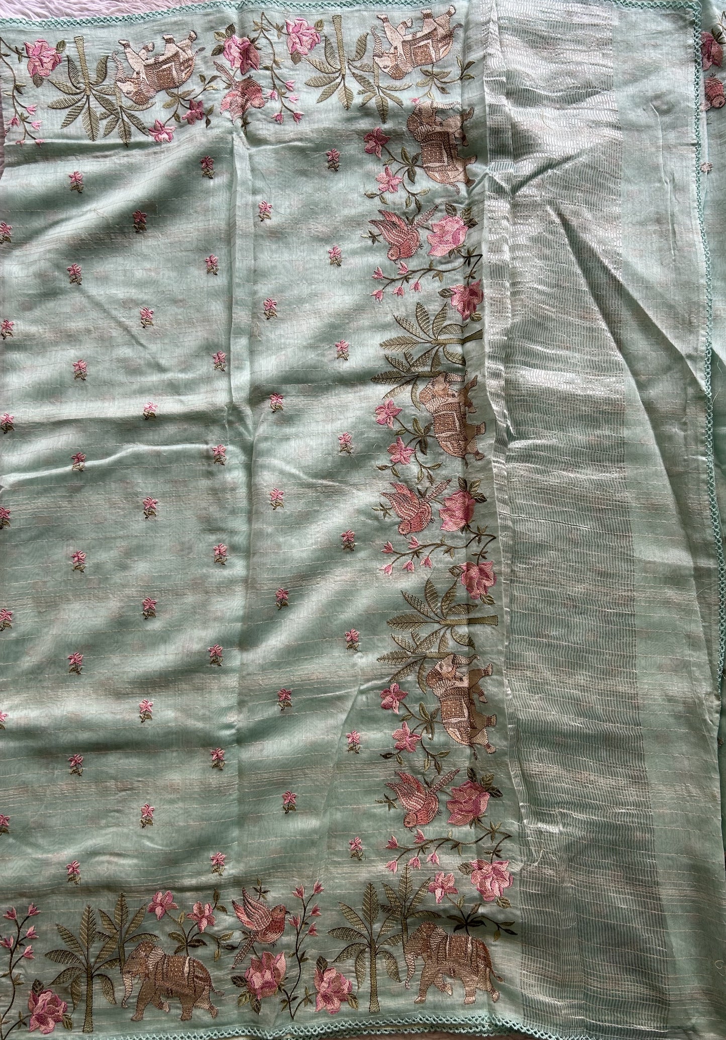 Maheshwari Chanderi Cotton Gold  Zari Lines Saree Light Blue Colored Complemented with a Machine Embroidered Border. - Sampradaya Designer Studio