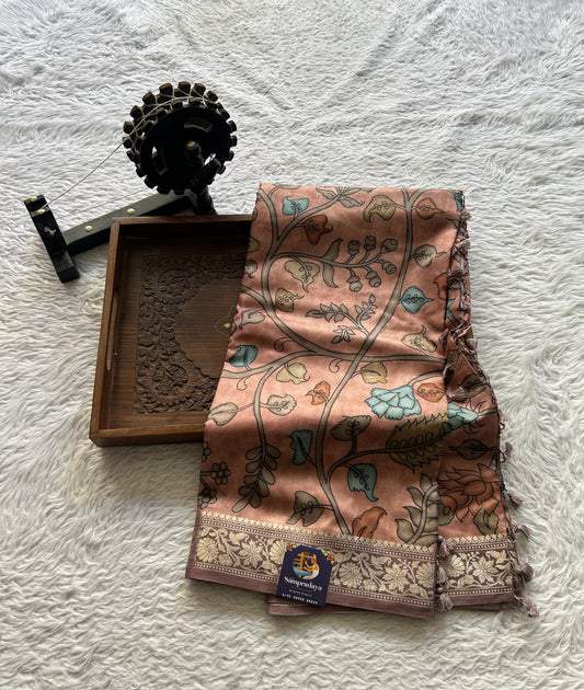 Chiniya Silk Saree Coral Colored Elegantly Paired with a Zari Border. - Sampradaya Designer Studio