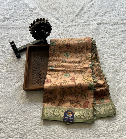 Chiniya Silk Saree Light Salmon Colored Elegantly Paired with a Zari Border. - Sampradaya Designer Studio