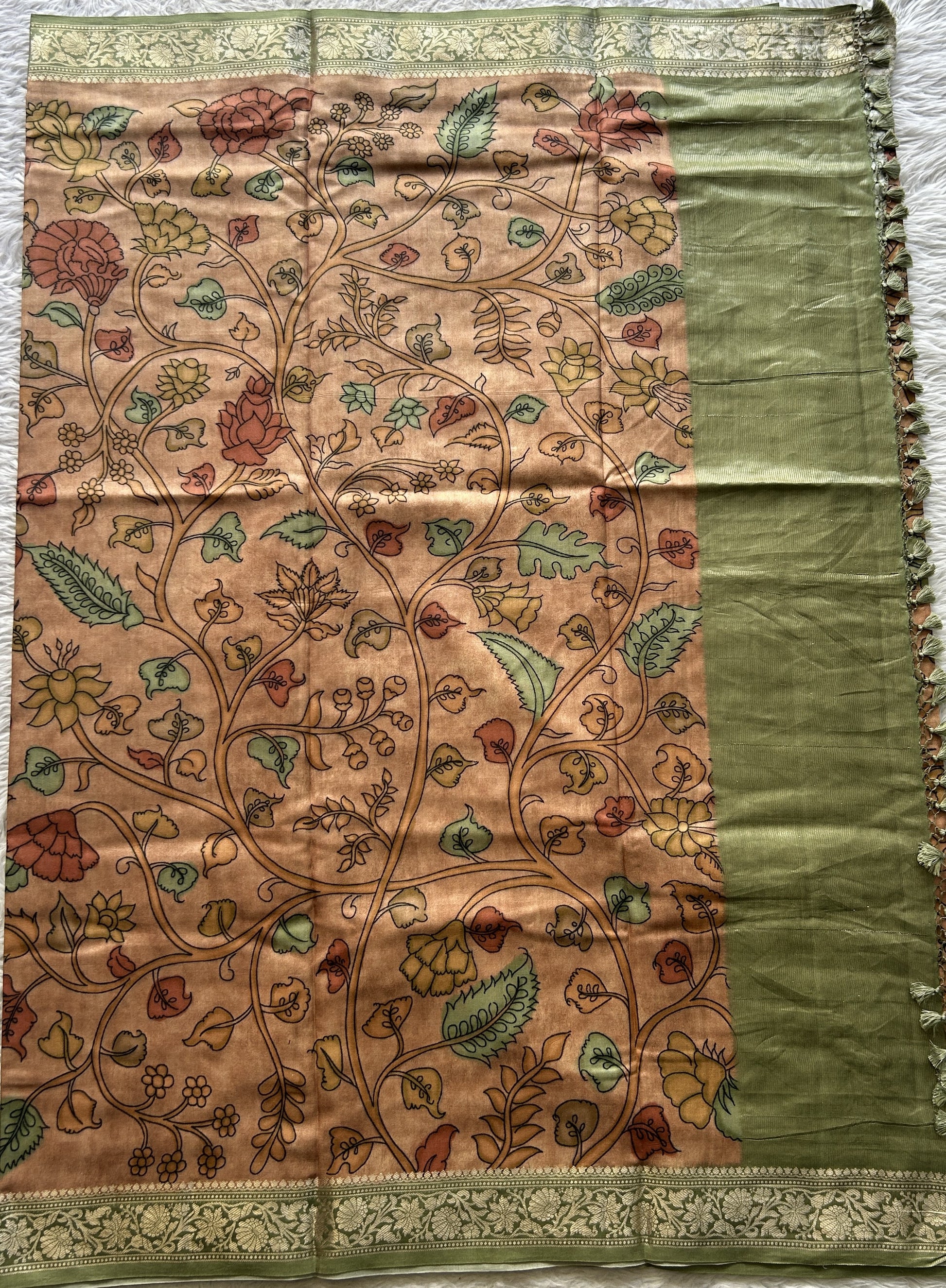 Chiniya Silk Saree Light Salmon Colored Elegantly Paired with a Zari Border. - Sampradaya Designer Studio