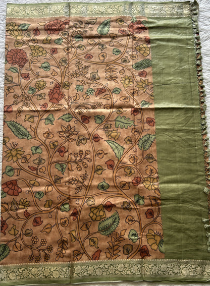 Chiniya Silk Saree Light Salmon Colored Elegantly Paired with a Zari Border. - Sampradaya Designer Studio