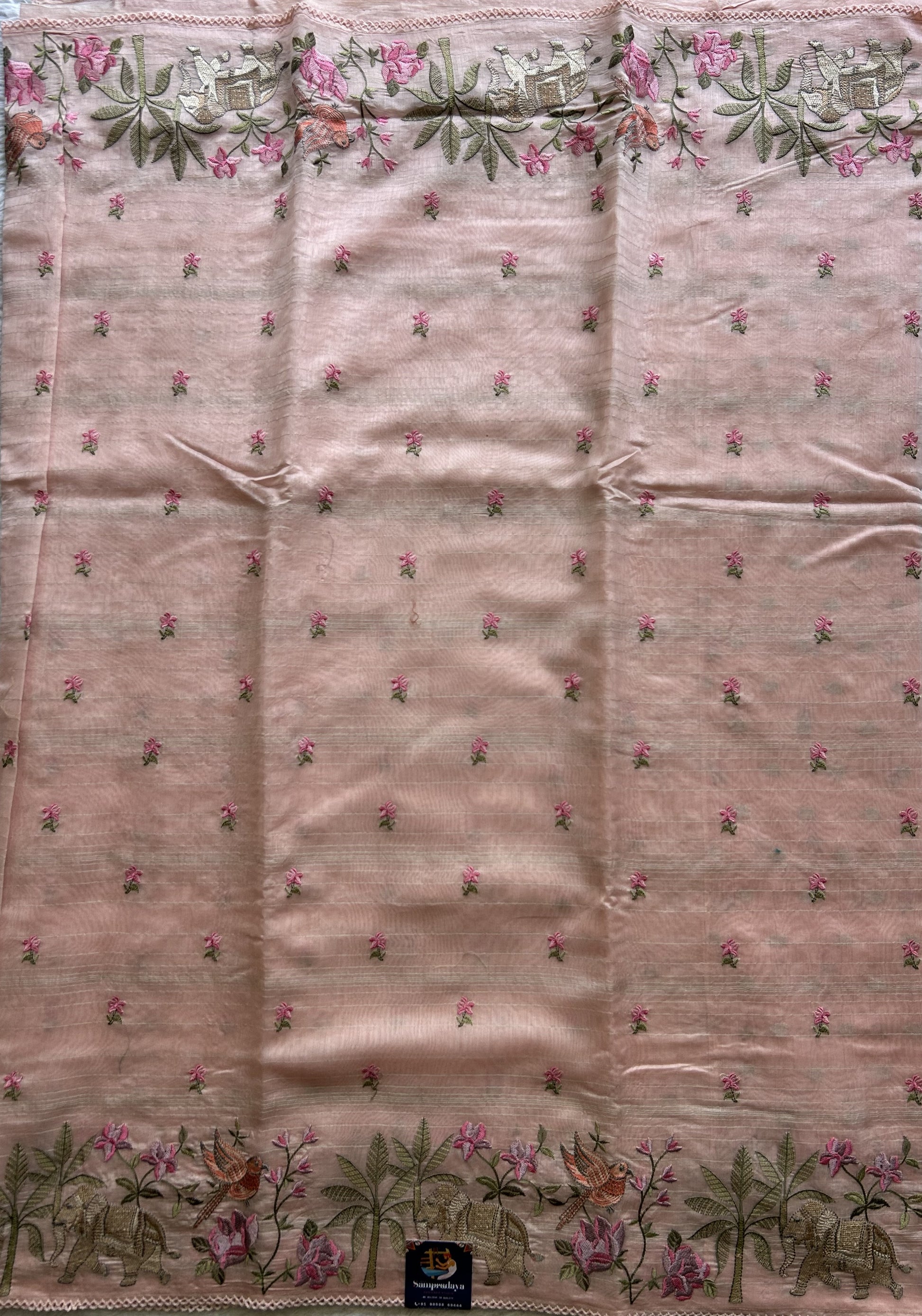 Maheshwari Chanderi Cotton Gold Zari Lines Saree Light Peach  Colored Complemented with a Machine Embroidered Border. - Sampradaya Designer Studio