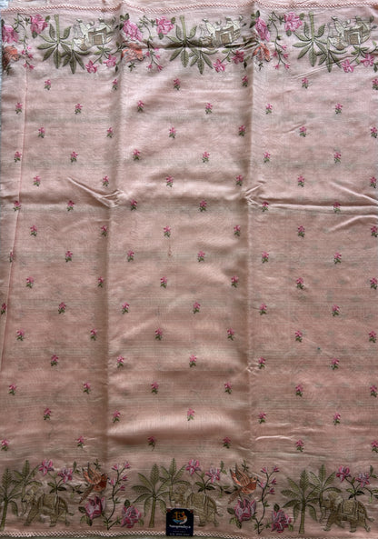 Maheshwari Chanderi Cotton Gold Zari Lines Saree Light Peach  Colored Complemented with a Machine Embroidered Border. - Sampradaya Designer Studio