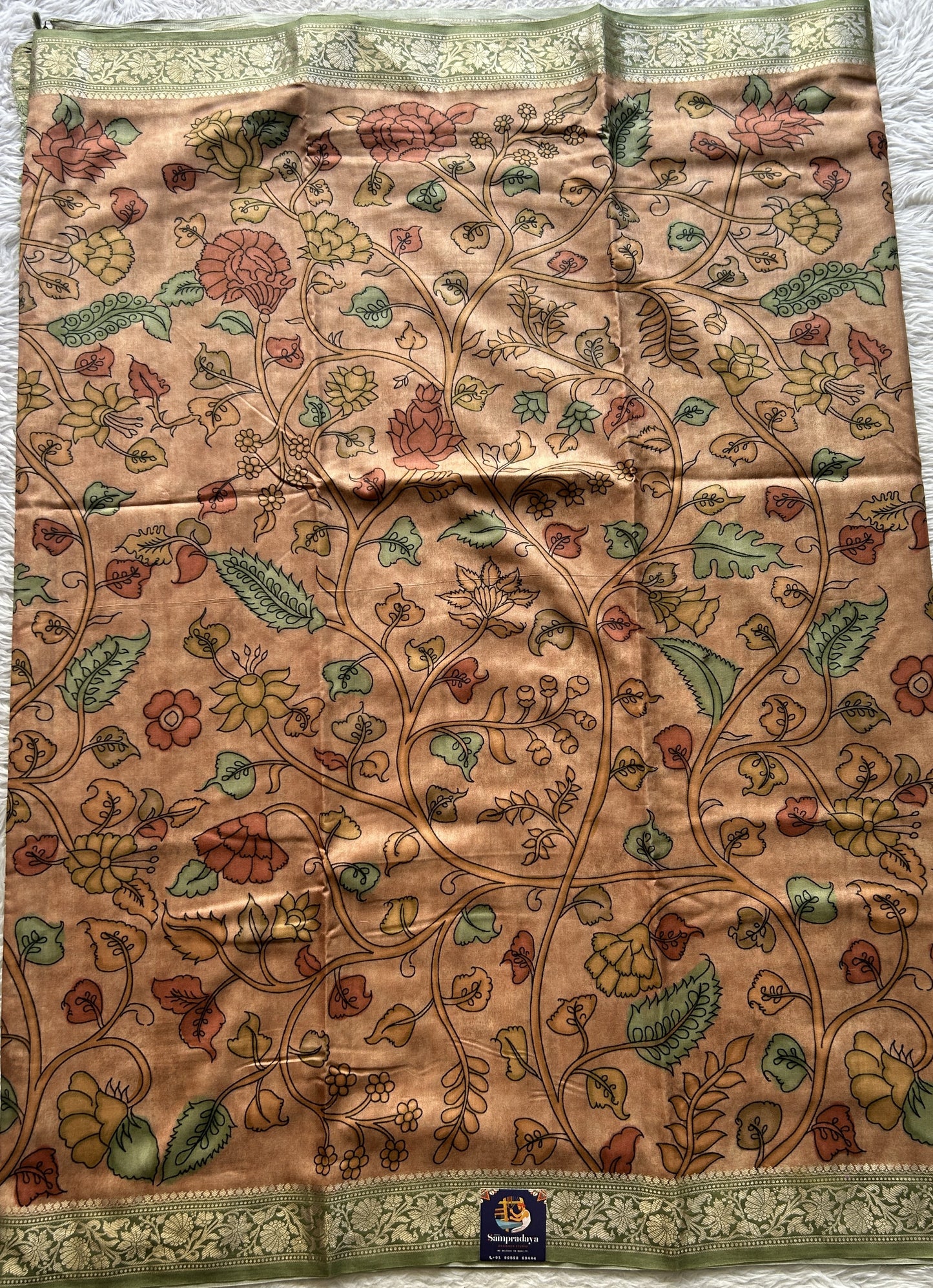 Chiniya Silk Saree Light Salmon Colored Elegantly Paired with a Zari Border. - Sampradaya Designer Studio