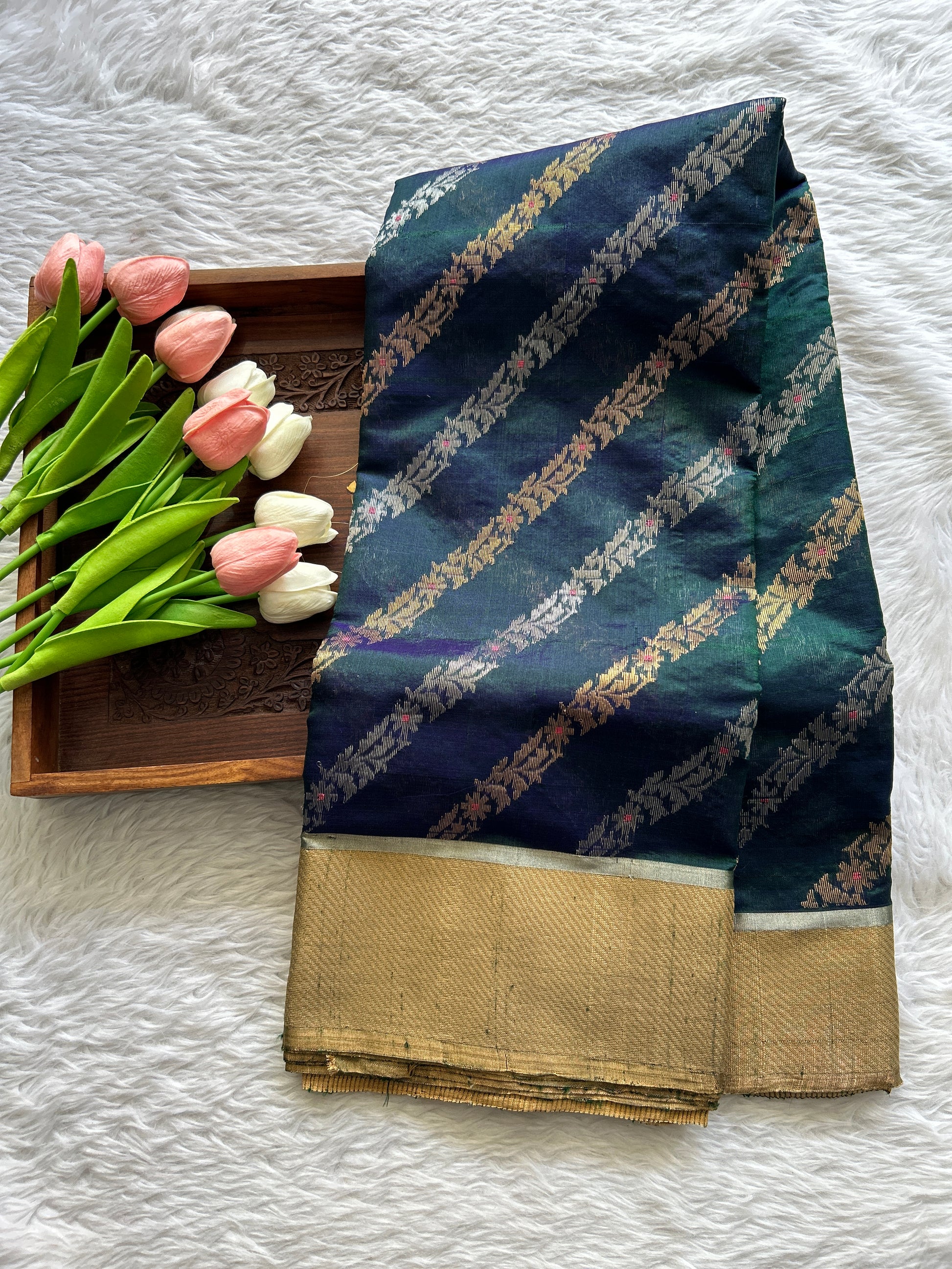 Chanderi Silk Saree Bottle Green Colored Complemented with a Silver Zari Border - Sampradaya Designer Studio