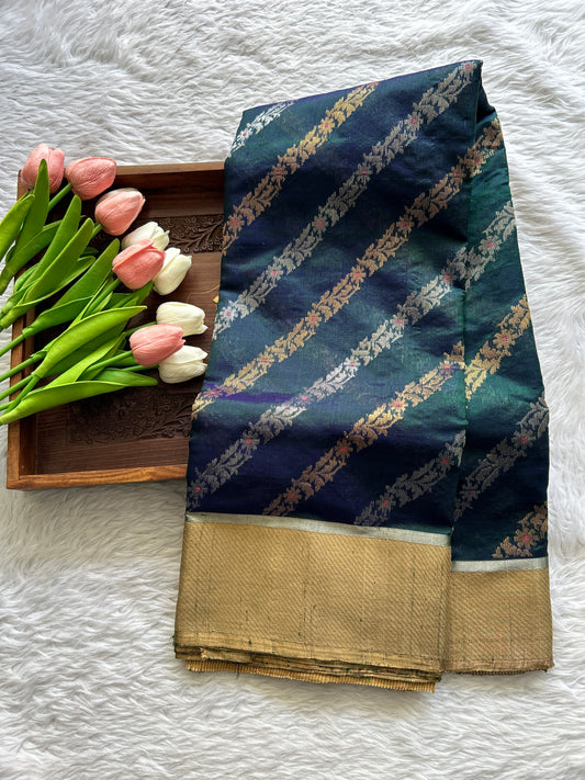 Chanderi Silk Saree Bottle Green Colored Complemented with a Silver Zari Border - Sampradaya Designer Studio