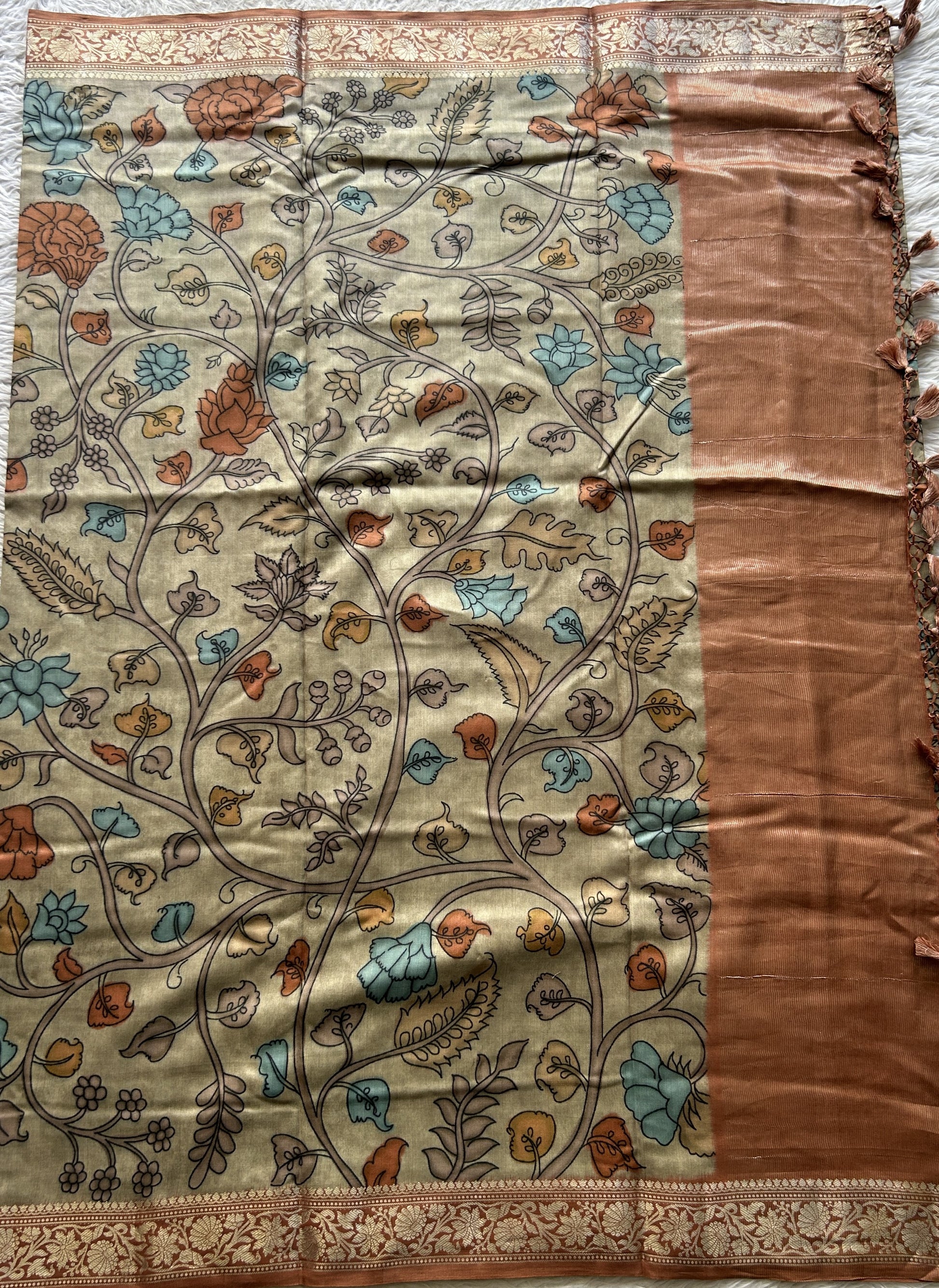 Chiniya Silk Saree Light Olive Green Colored Elegantly Paired with a Zari Border. - Sampradaya Designer Studio