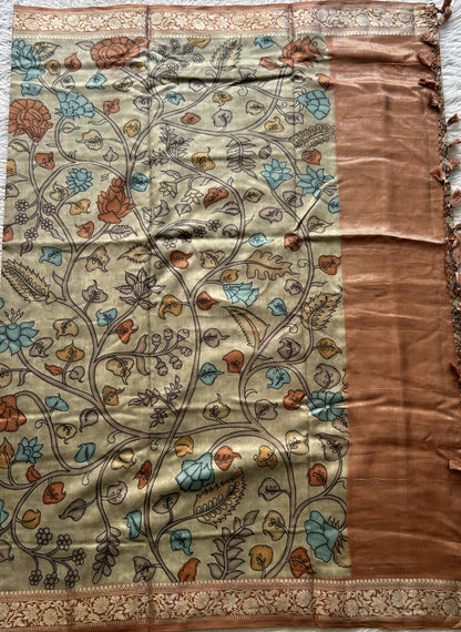 Chiniya Silk Saree Light Olive Green Colored Elegantly Paired with a Zari Border. - Sampradaya Designer Studio