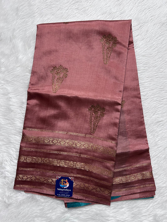 Raw Mango or Pooniya Silk Saree Rust Colored Complemented With a Gold Zari Gap Border - Sampradaya Designer Studio