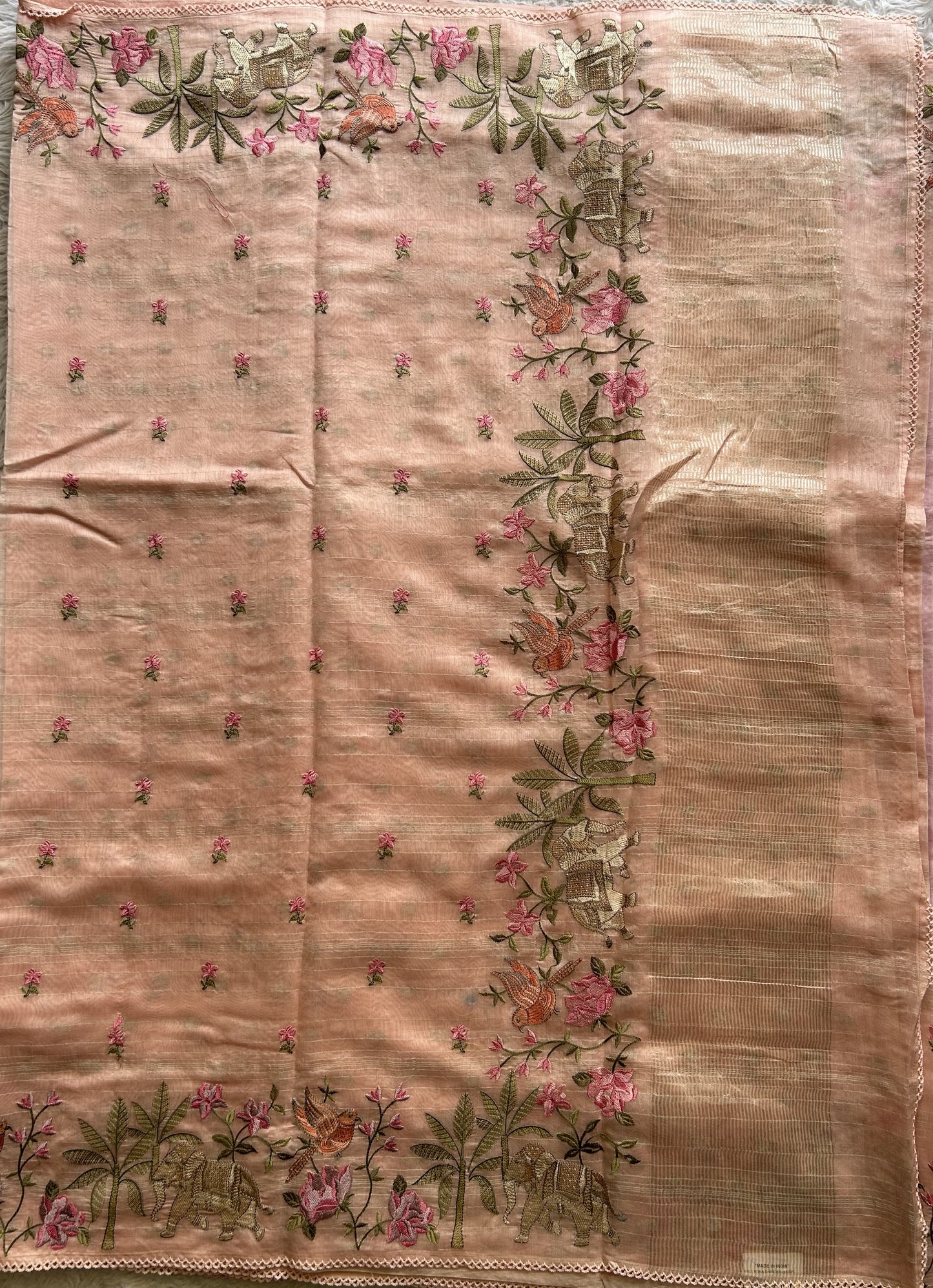 Maheshwari Chanderi Cotton Gold Zari Lines Saree Light Peach  Colored Complemented with a Machine Embroidered Border. - Sampradaya Designer Studio