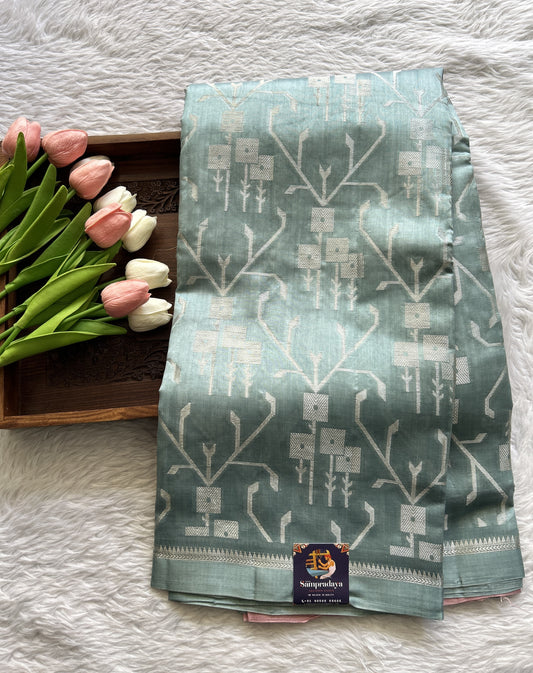 Dupion Silk Saree Sea Blue Colored Complemented with a Plain Border. - Sampradaya Designer Studio