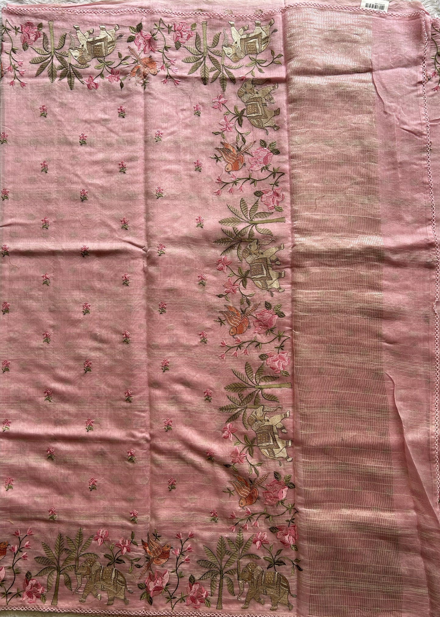 Maheshwari Chanderi Cotton Gold Zari Lines Saree Baby Pink  Colored Complemented with a Machine Embroidered Border. - Sampradaya Designer Studio
