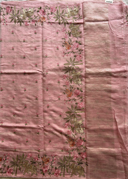 Maheshwari Chanderi Cotton Gold Zari Lines Saree Baby Pink  Colored Complemented with a Machine Embroidered Border. - Sampradaya Designer Studio