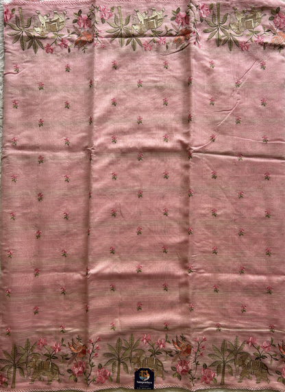 Maheshwari Chanderi Cotton Gold Zari Lines Saree Baby Pink  Colored Complemented with a Machine Embroidered Border. - Sampradaya Designer Studio