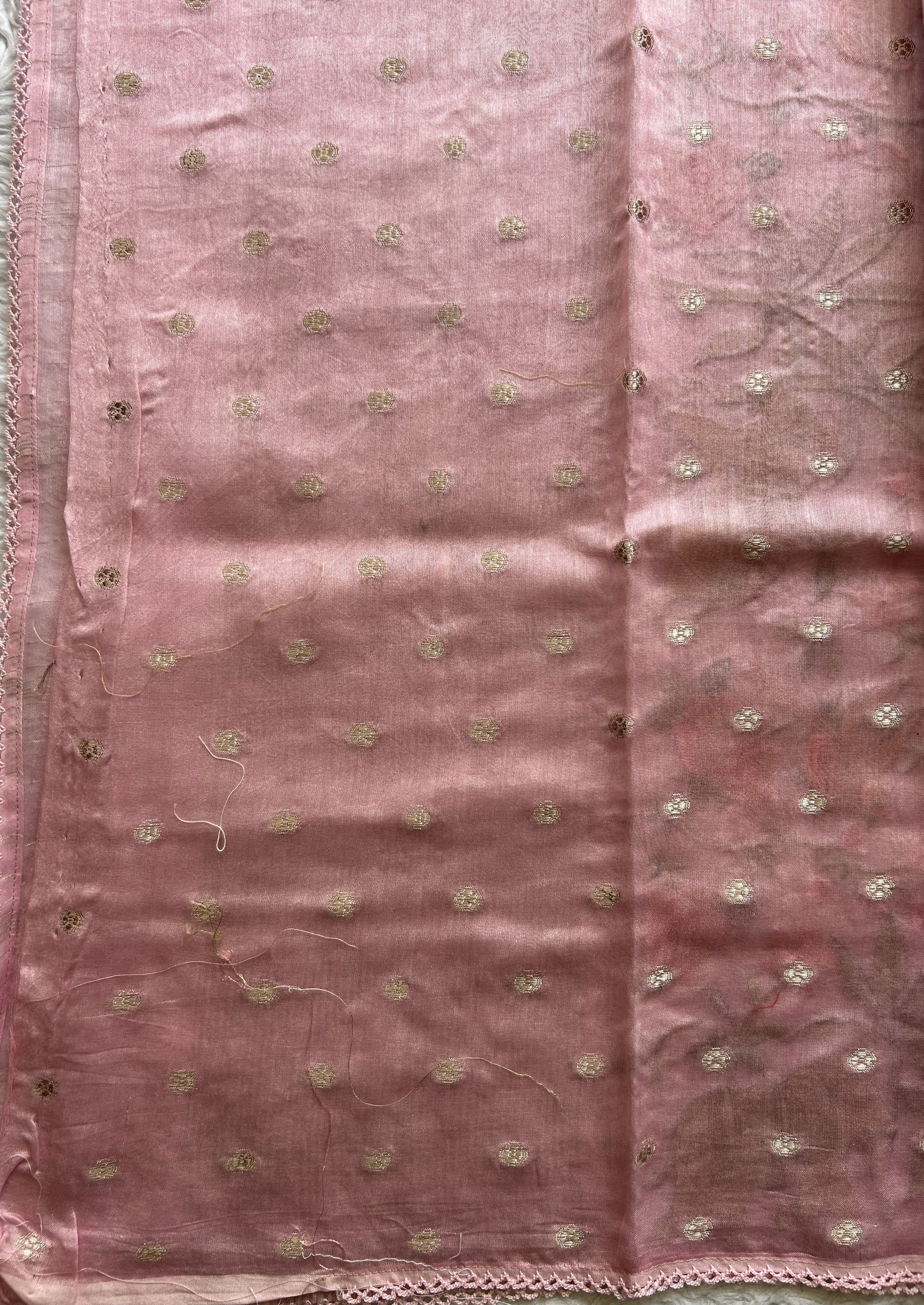 Maheshwari Chanderi Cotton Gold Zari Lines Saree Baby Pink  Colored Complemented with a Machine Embroidered Border. - Sampradaya Designer Studio