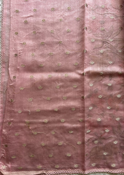 Maheshwari Chanderi Cotton Gold Zari Lines Saree Baby Pink  Colored Complemented with a Machine Embroidered Border. - Sampradaya Designer Studio