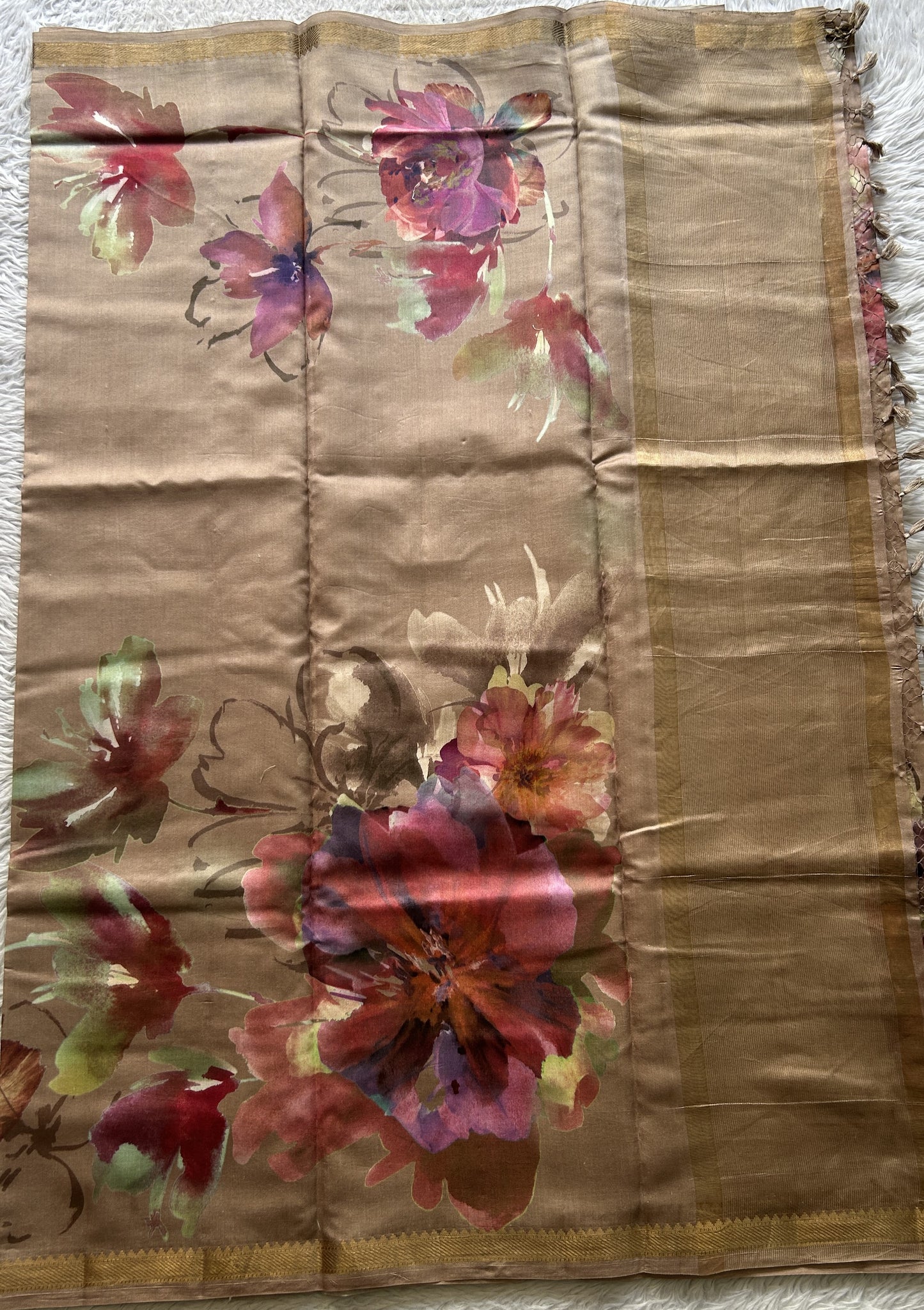 Chiniya Silk Saree Light Brown Colored Elegantly Paired with a Zari Border. - Sampradaya Designer Studio
