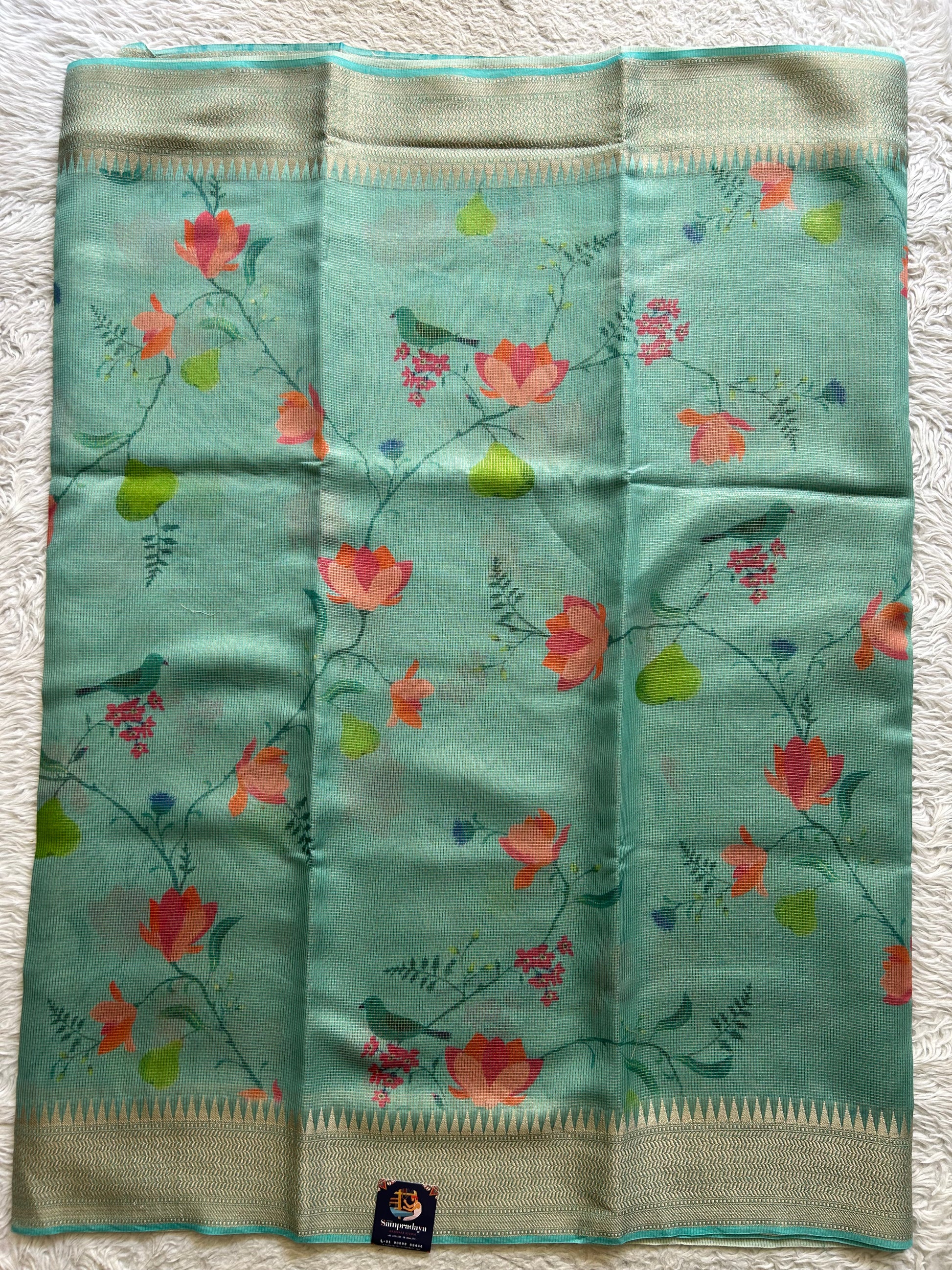 Maheshwari Chanderi Cotton Checks Saree Sky Blue Colored Complemented with a Digital Print And Gold Zari Border. - Sampradaya Designer Studio