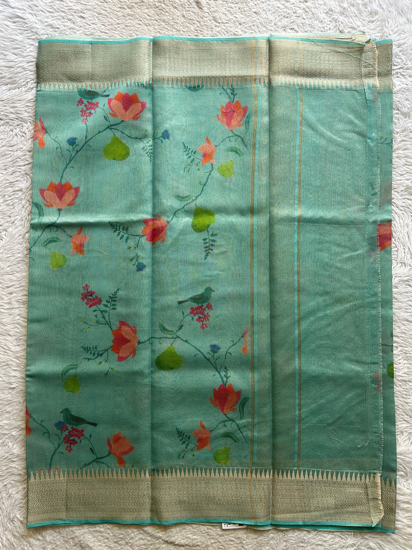 Maheshwari Chanderi Cotton Checks Saree Sky Blue Colored Complemented with a Digital Print And Gold Zari Border. - Sampradaya Designer Studio