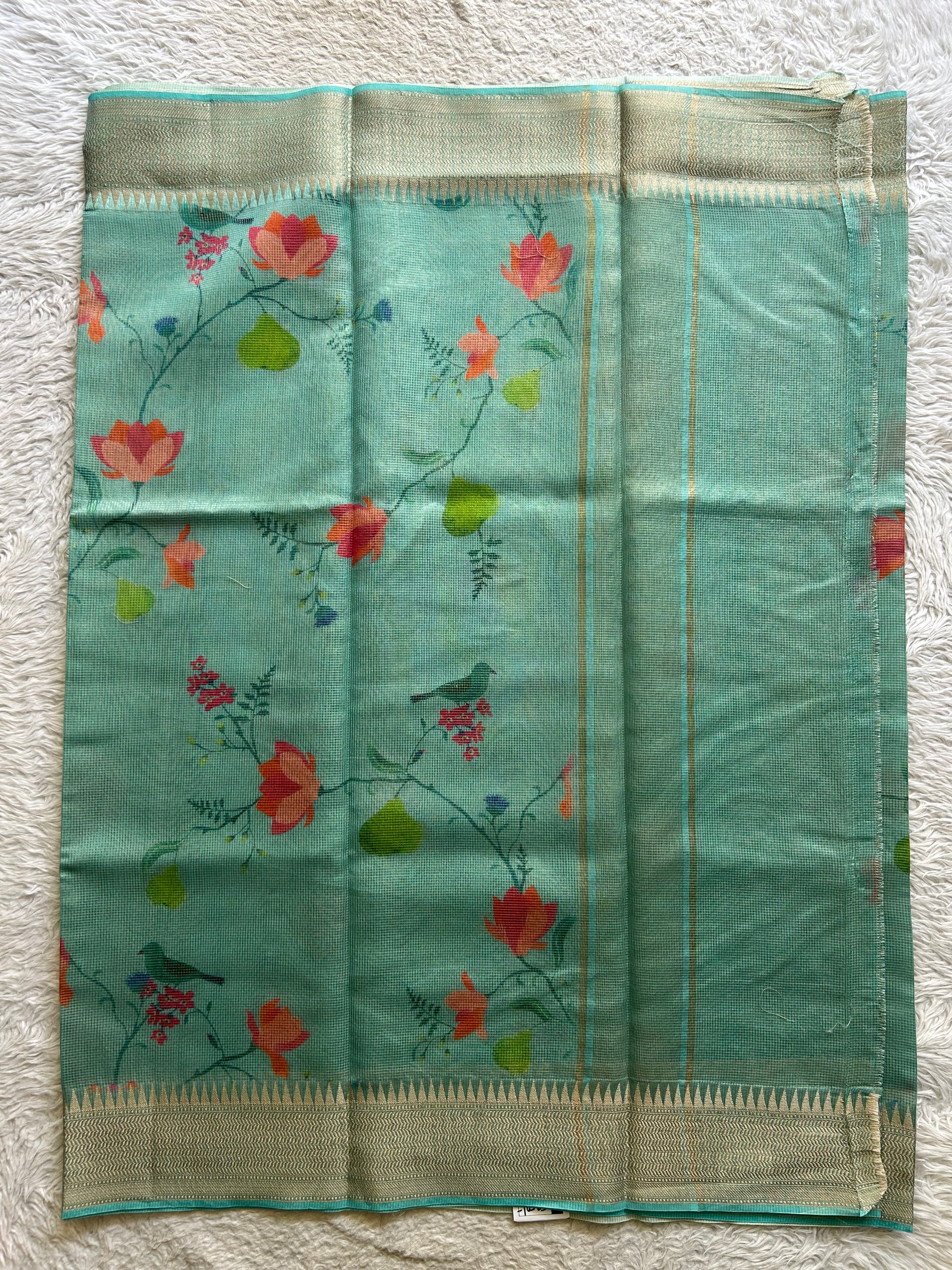 Maheshwari Chanderi Cotton Checks Saree Sky Blue Colored Complemented with a Digital Print And Gold Zari Border. - Sampradaya Designer Studio