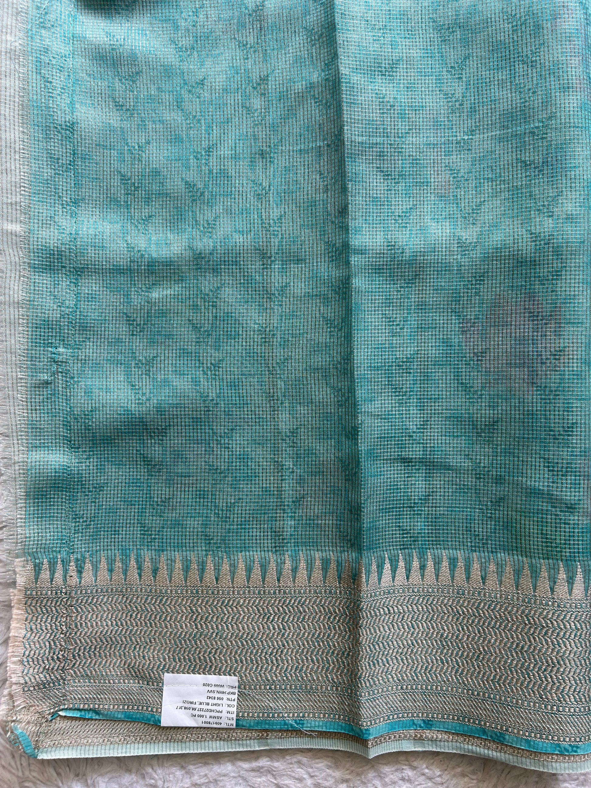 Maheshwari Chanderi Cotton Checks Saree Sky Blue Colored Complemented with a Digital Print And Gold Zari Border. - Sampradaya Designer Studio
