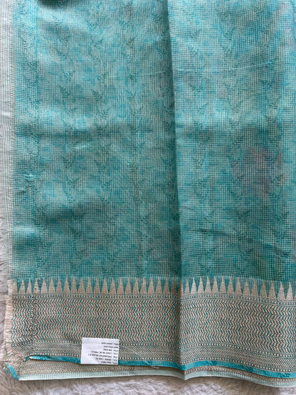 Maheshwari Chanderi Cotton Checks Saree Sky Blue Colored Complemented with a Digital Print And Gold Zari Border. - Sampradaya Designer Studio