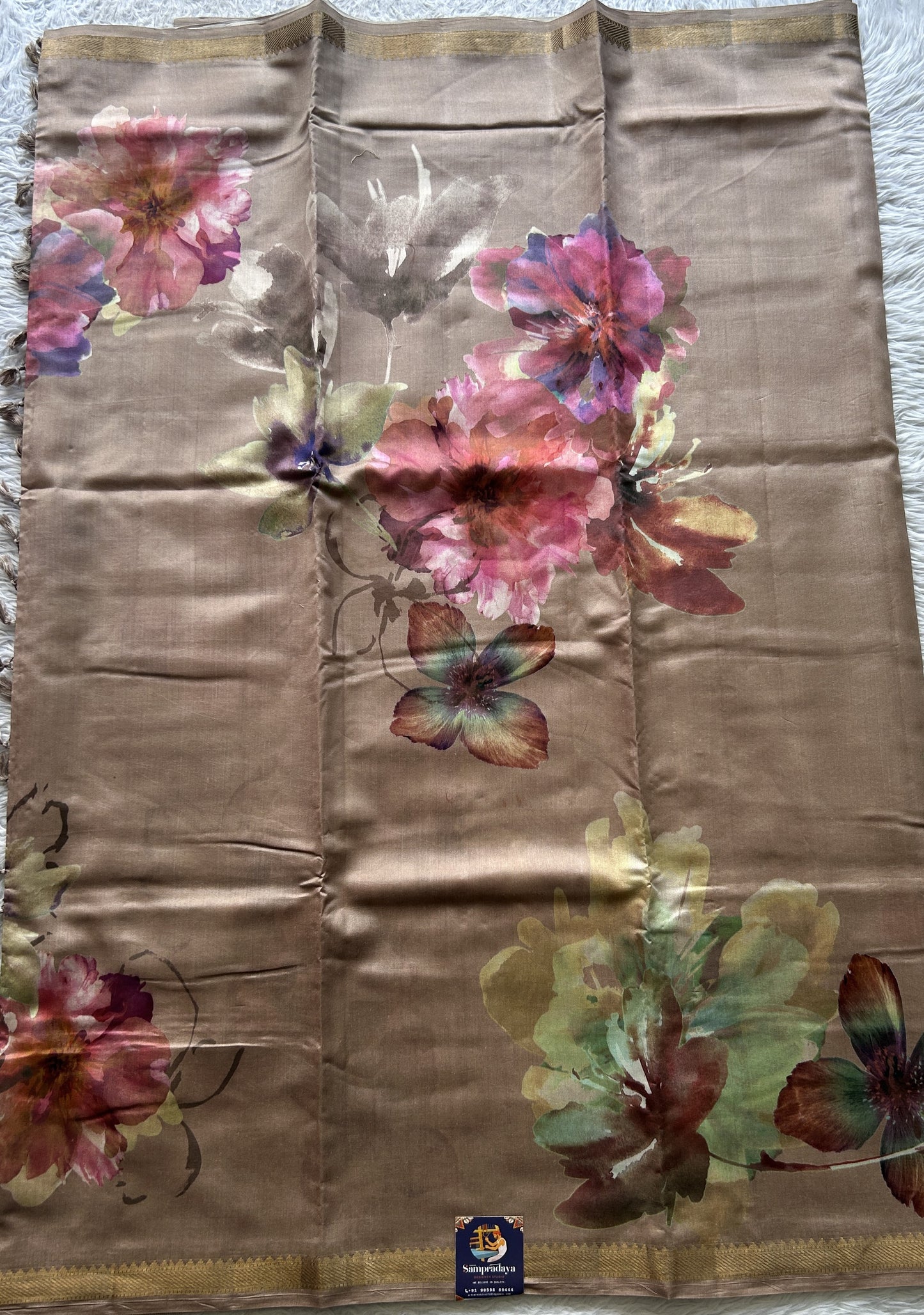 Chiniya Silk Saree Light Brown Colored Elegantly Paired with a Zari Border. - Sampradaya Designer Studio