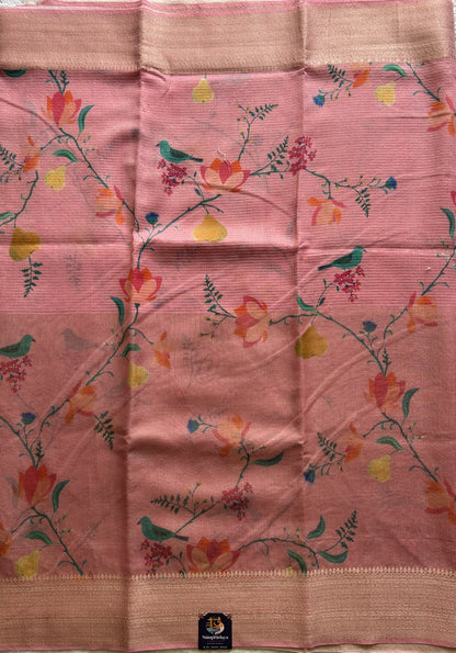 Maheshwari Chanderi Cotton Checks Saree Light Pink Colored Complemented with a Digital Print And Gold Zari Border. - Sampradaya Designer Studio