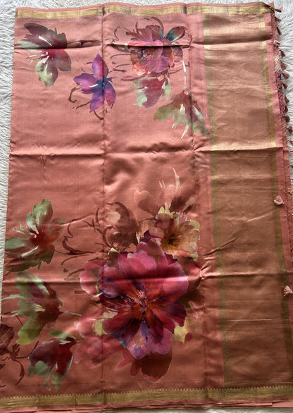 Chiniya Silk Saree Peachy Pink Colored Elegantly Paired with a Zari Border. - Sampradaya Designer Studio