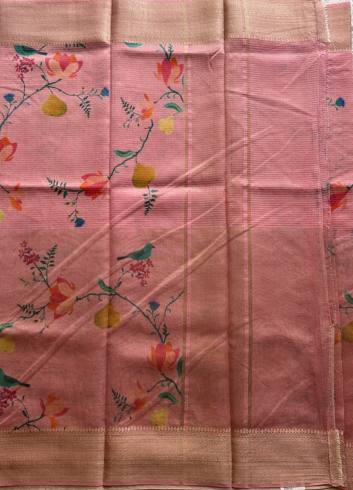 Maheshwari Chanderi Cotton Checks Saree Light Pink Colored Complemented with a Digital Print And Gold Zari Border. - Sampradaya Designer Studio
