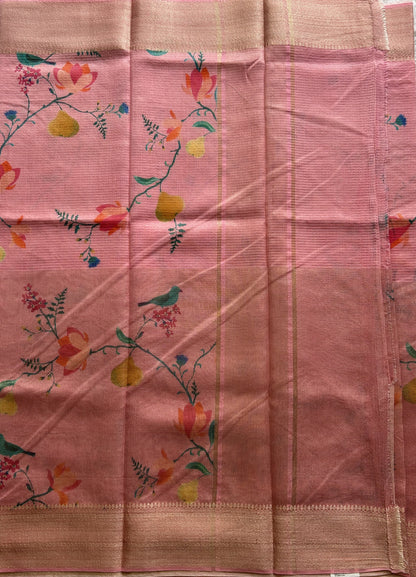 Maheshwari Chanderi Cotton Checks Saree Light Pink Colored Complemented with a Digital Print And Gold Zari Border. - Sampradaya Designer Studio