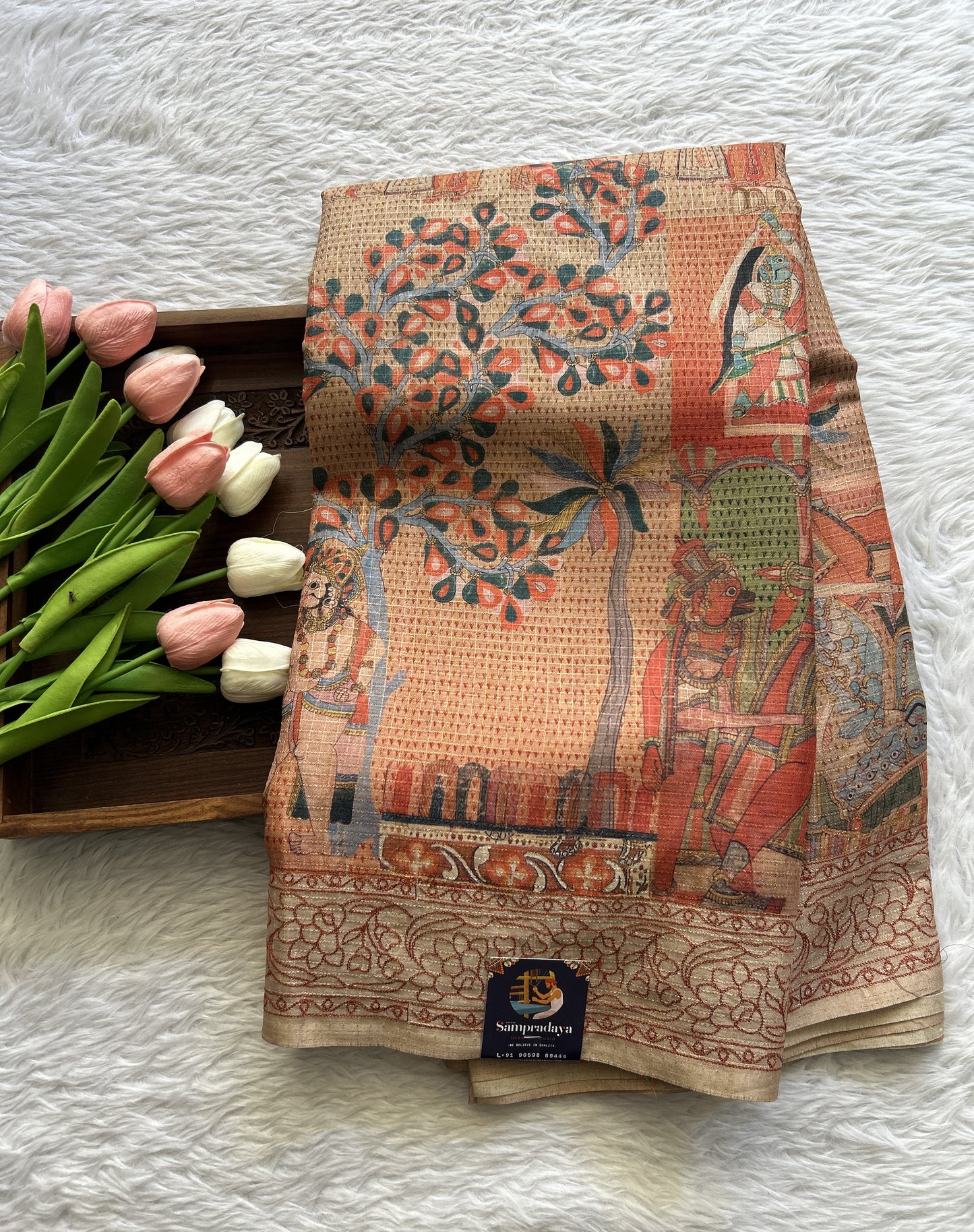 Semi Tussar Saree Orange Colored complemented with a Thread Embroidery Border. - Sampradaya Designer Studio