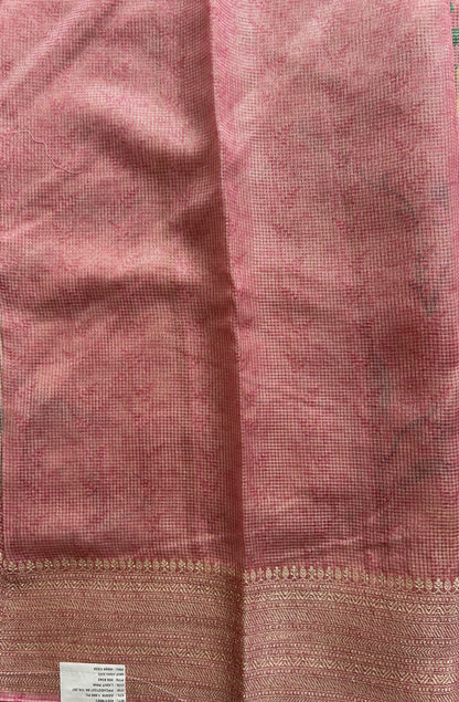 Maheshwari Chanderi Cotton Checks Saree Light Pink Colored Complemented with a Digital Print And Gold Zari Border. - Sampradaya Designer Studio