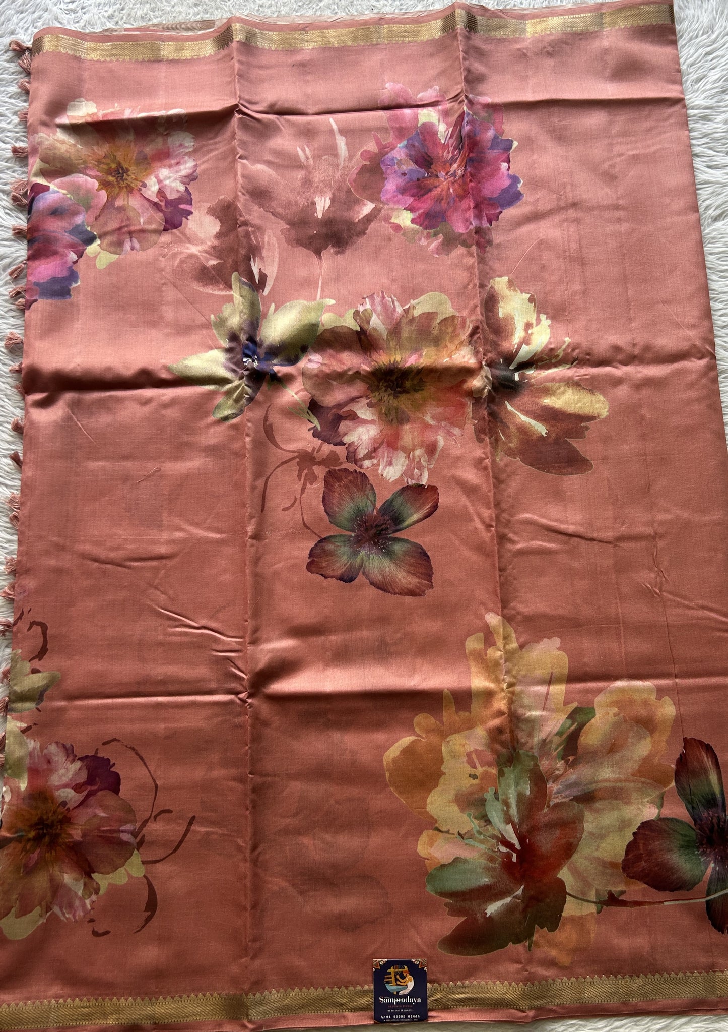 Chiniya Silk Saree Peachy Pink Colored Elegantly Paired with a Zari Border. - Sampradaya Designer Studio