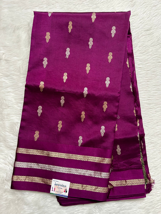 Raw Mango or Pooniya Silk Saree Purple Colored Complemented With a Mashrur Border - Sampradaya Designer Studio