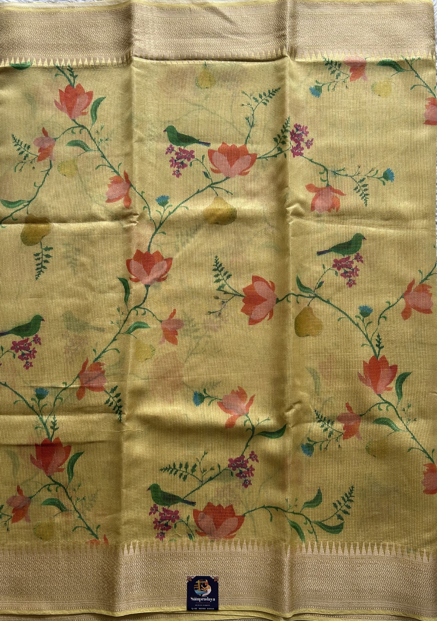 Maheshwari Chanderi Cotton Checks Saree Light Yellow Colored Complemented with a Digital Print And Gold Zari Border. - Sampradaya Designer Studio