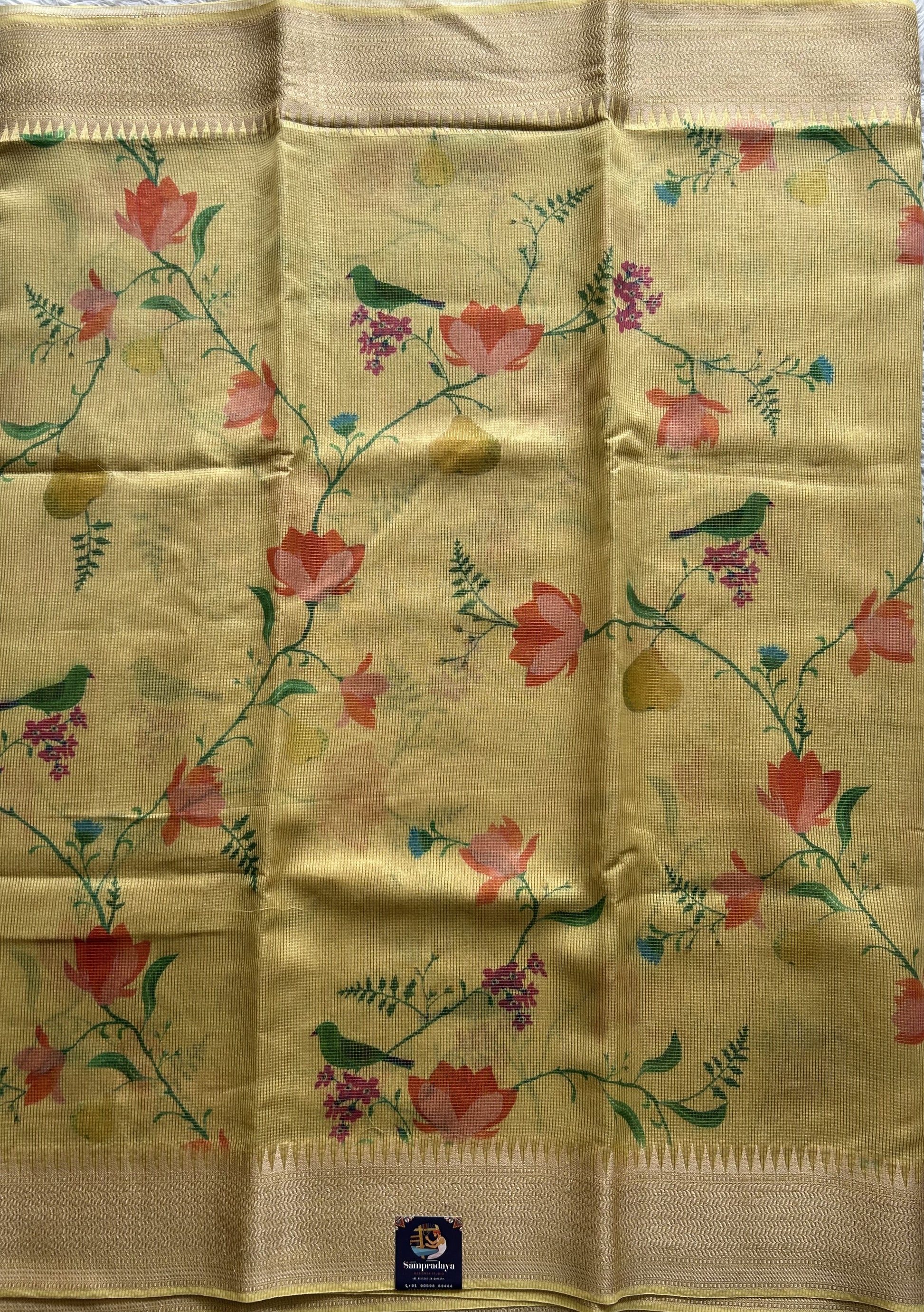 Maheshwari Chanderi Cotton Checks Saree Light Yellow Colored Complemented with a Digital Print And Gold Zari Border. - Sampradaya Designer Studio