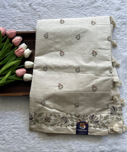 Semi Tussar Saree Off White Colored complemented with a Thread Embroidery Border. - Sampradaya Designer Studio