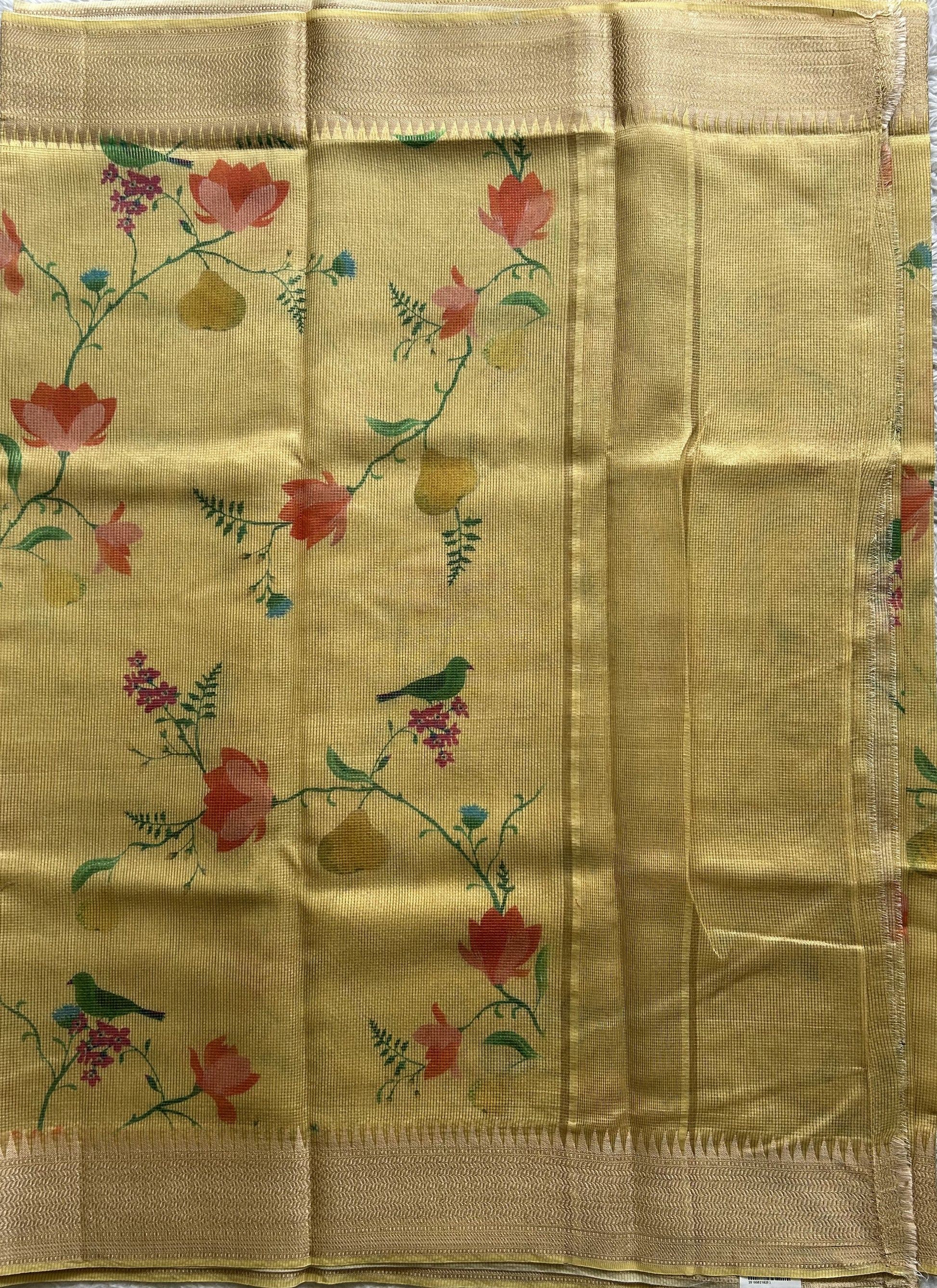 Maheshwari Chanderi Cotton Checks Saree Light Yellow Colored Complemented with a Digital Print And Gold Zari Border. - Sampradaya Designer Studio