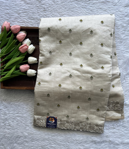 Semi Tussar Saree Off White Colored complemented with a Embroidery Border. - Sampradaya Designer Studio